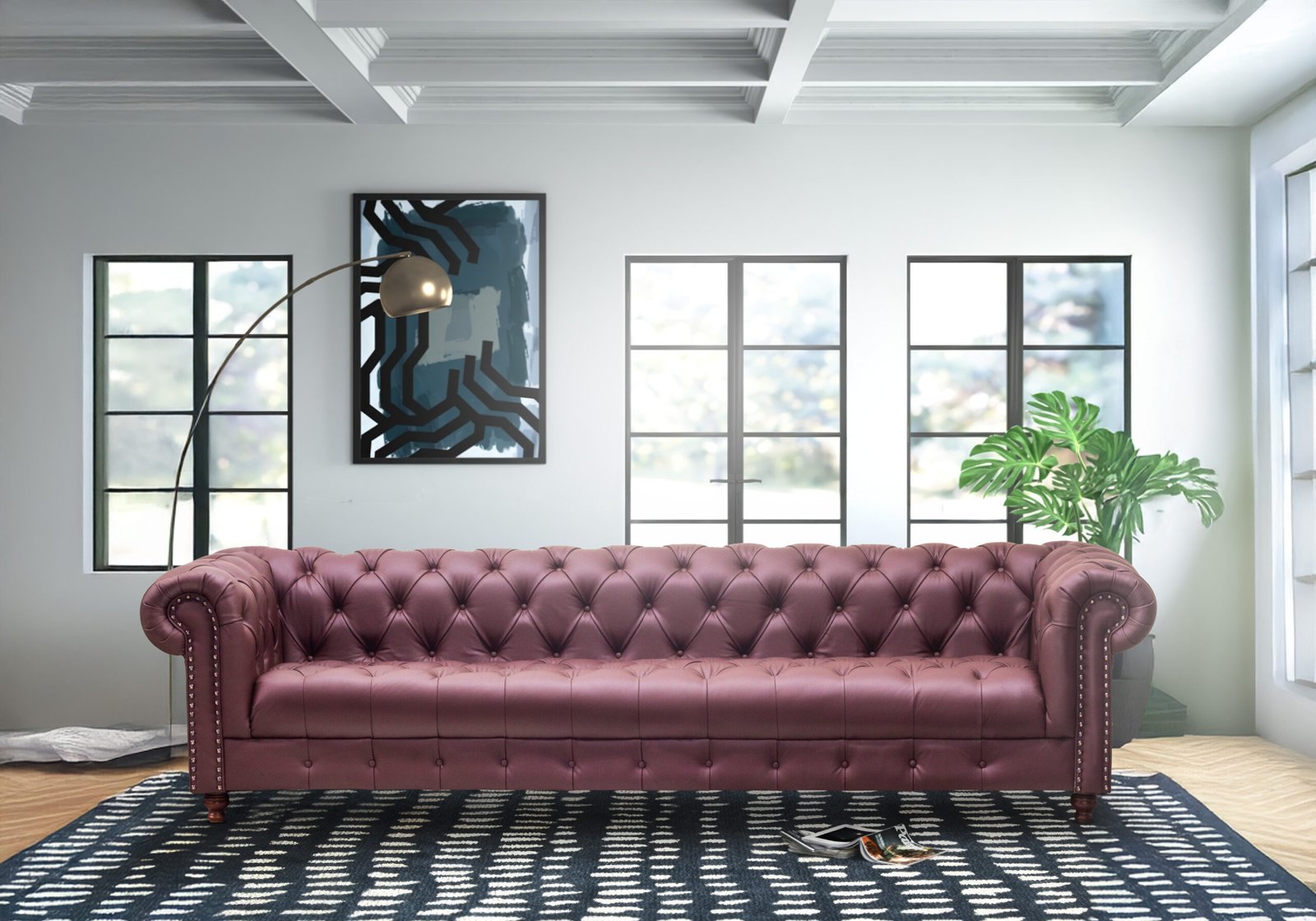 Sofá 4 plazas Chesterfield Vino 100% Piel Genuina Anilina