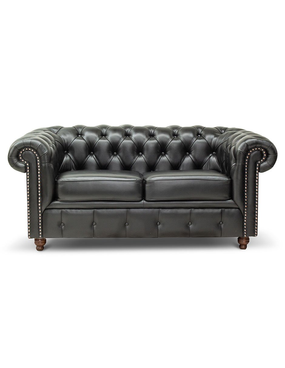 Love Seat Chesterfield Negro 100% Piel Genuina Anilina