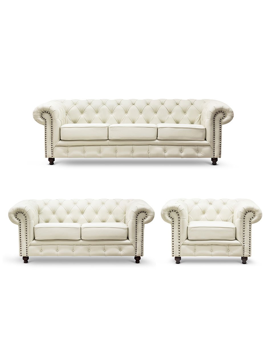 Sala 3-2-1 Chesterfield Crema 100% Piel Genuina Anilina