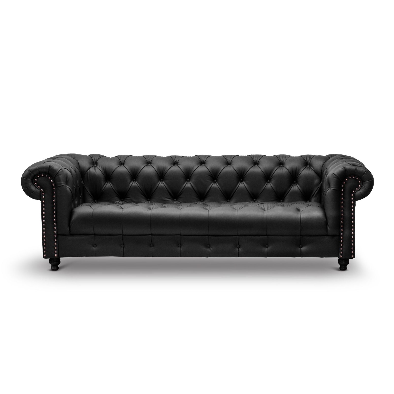 Sofá 3 plazas Chesterfield Negro 100% Piel Genuina Anilina, Asientos Capitonados