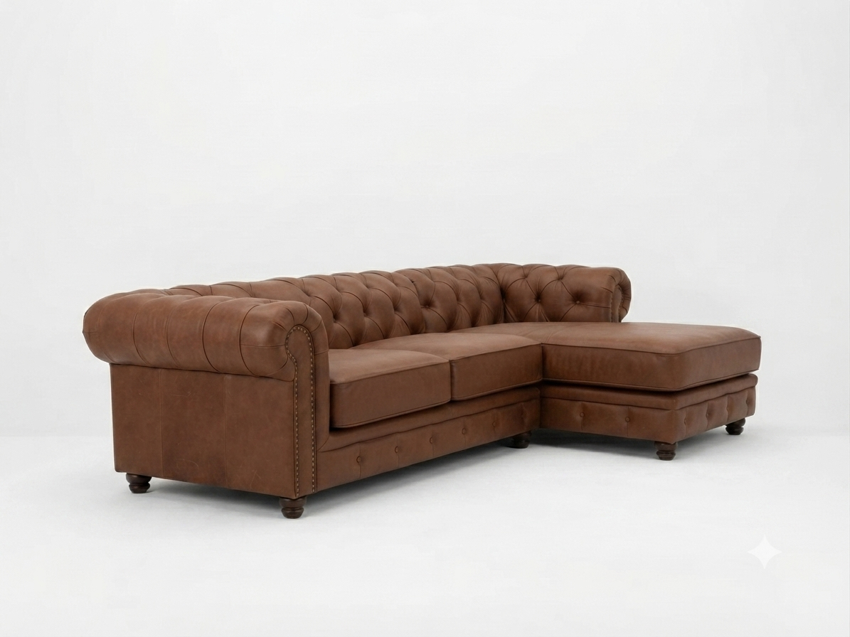 SOFÁ CHESTERFIELD CON CHAISE PIEL GENUINA - Imagen 3